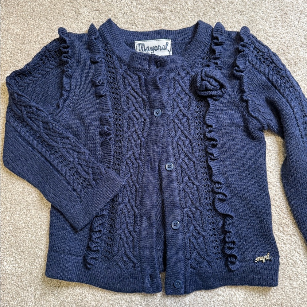 Mayoral Navy Cable Knit Ruffle Cardigan Size 2 92cm Classic Button Front Sweater